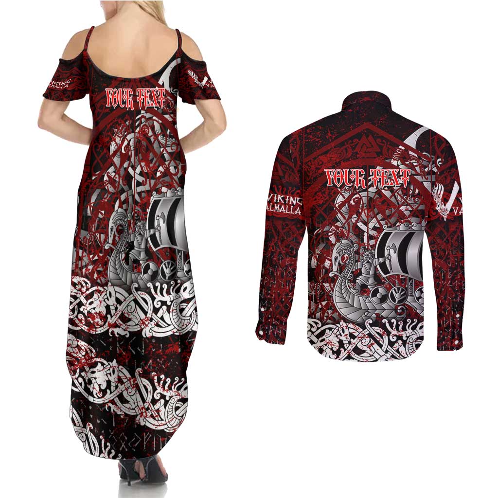 Blood Flows to Valhalla Couples Matching Summer Maxi Dress and Long Sleeve Button Shirt Viking Longship Nordic Knotwork - Dark Mythology