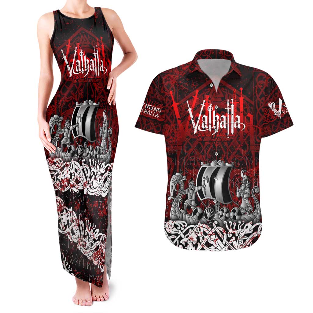 Blood Flows to Valhalla Couples Matching Tank Maxi Dress and Hawaiian Shirt Viking Longship Nordic Knotwork - Dark Mythology
