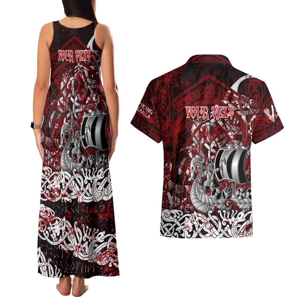 Blood Flows to Valhalla Couples Matching Tank Maxi Dress and Hawaiian Shirt Viking Longship Nordic Knotwork - Dark Mythology