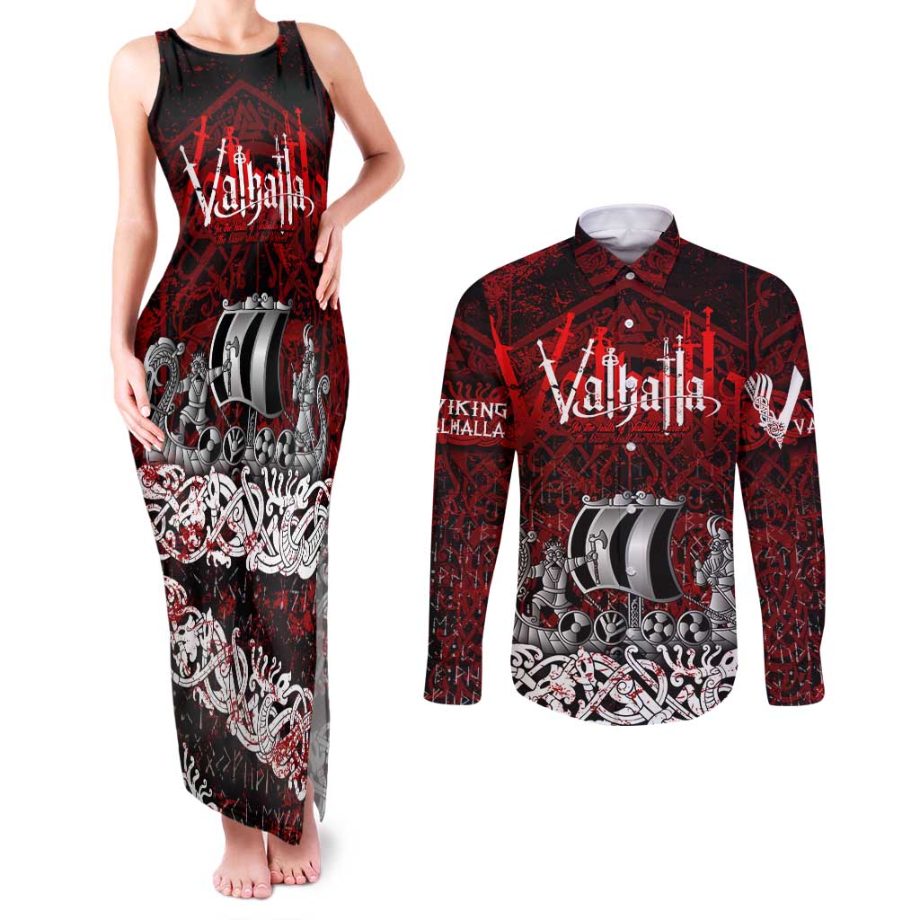 Blood Flows to Valhalla Couples Matching Tank Maxi Dress and Long Sleeve Button Shirt Viking Longship Nordic Knotwork - Dark Mythology