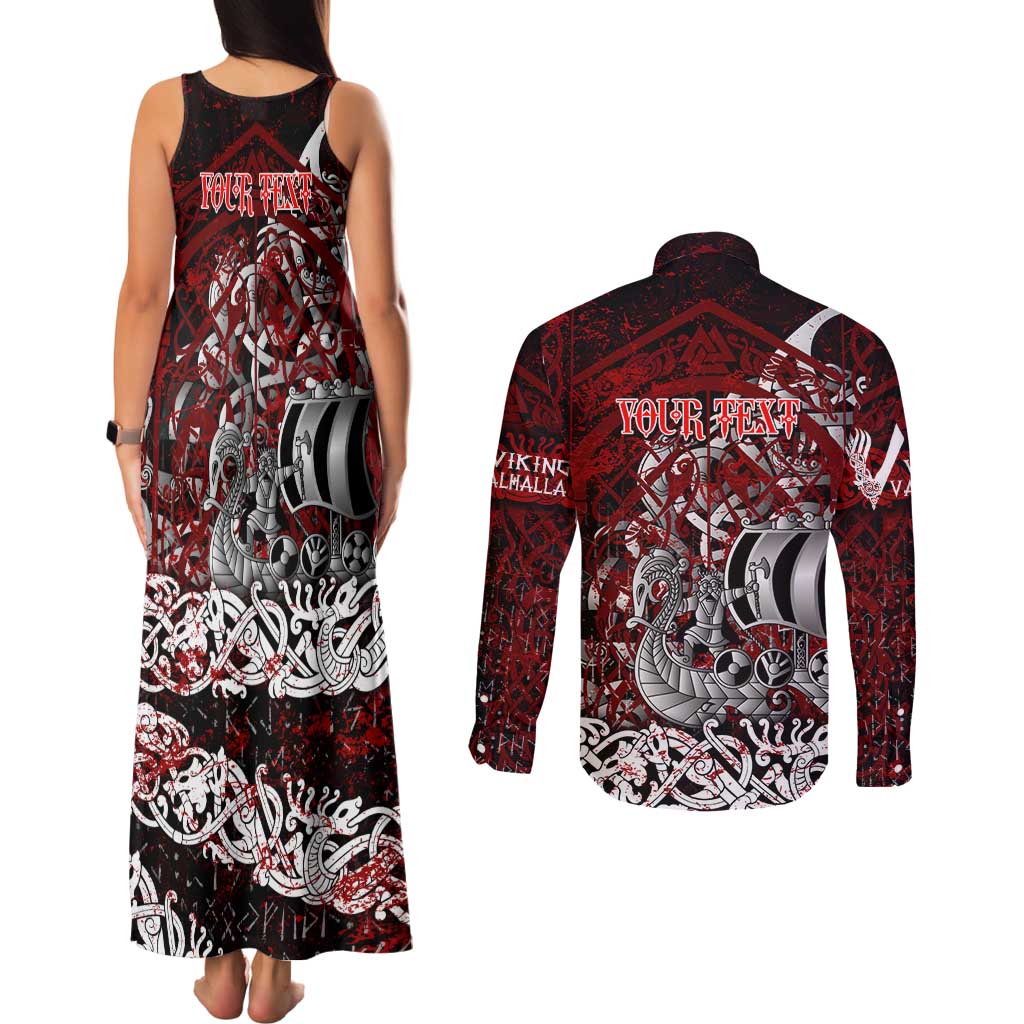 Blood Flows to Valhalla Couples Matching Tank Maxi Dress and Long Sleeve Button Shirt Viking Longship Nordic Knotwork - Dark Mythology