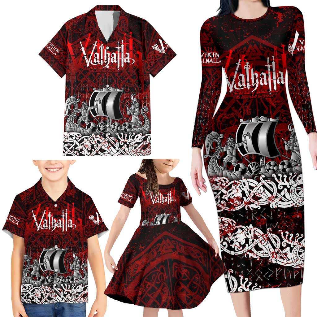 Blood Flows to Valhalla Family Matching Long Sleeve Bodycon Dress and Hawaiian Shirt Viking Longship Nordic Knotwork - Dark Mythology