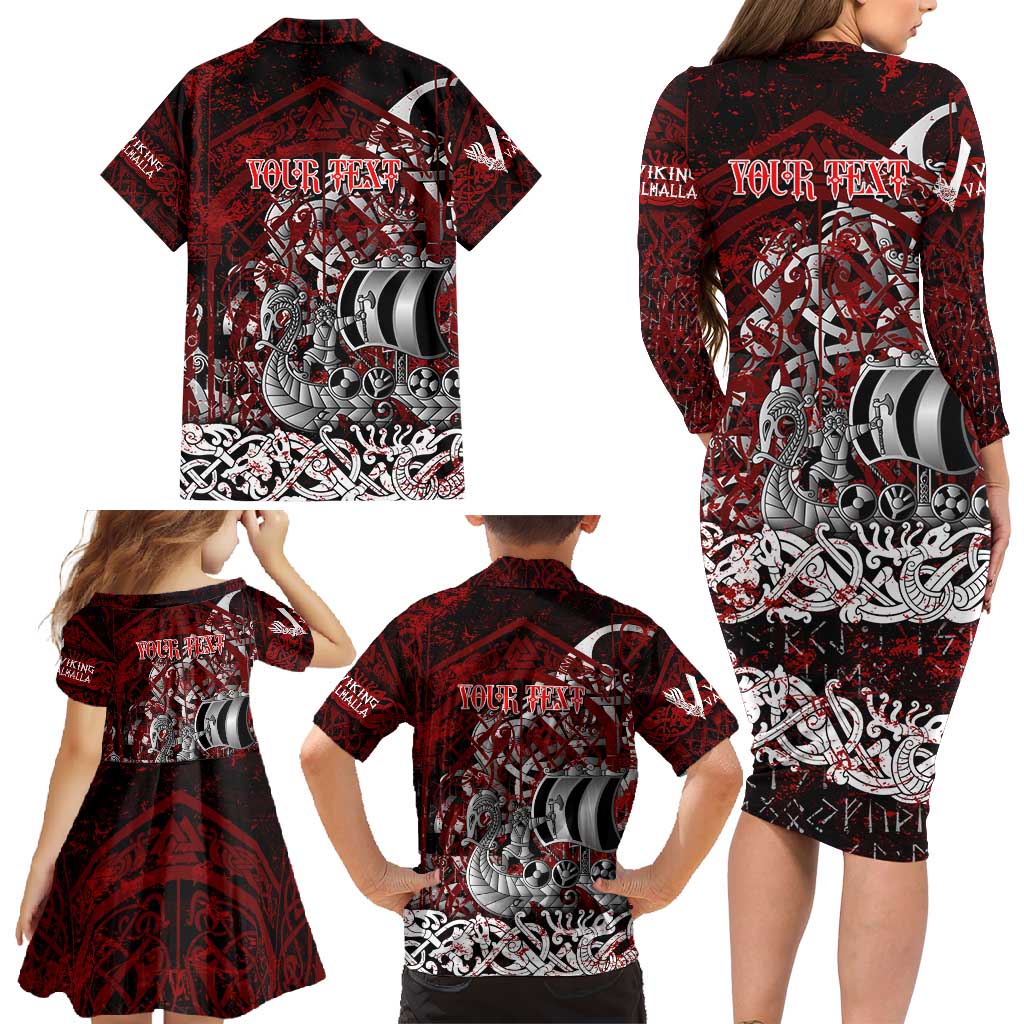 Blood Flows to Valhalla Family Matching Long Sleeve Bodycon Dress and Hawaiian Shirt Viking Longship Nordic Knotwork - Dark Mythology