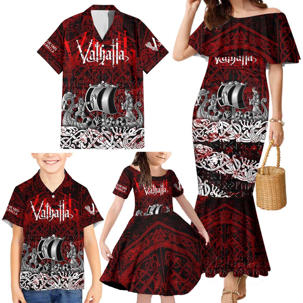 Blood Flows to Valhalla Family Matching Mermaid Dress and Hawaiian Shirt Viking Longship Nordic Knotwork - Dark Mythology