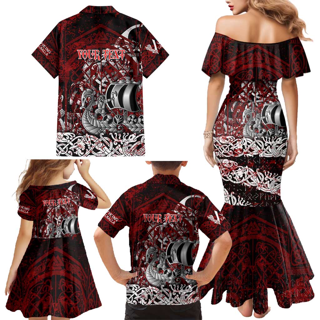Blood Flows to Valhalla Family Matching Mermaid Dress and Hawaiian Shirt Viking Longship Nordic Knotwork - Dark Mythology