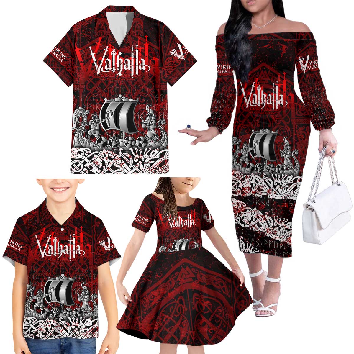 Blood Flows to Valhalla Family Matching Off The Shoulder Long Sleeve Dress and Hawaiian Shirt Viking Longship Nordic Knotwork - Dark Mythology
