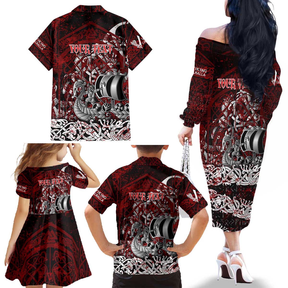 Blood Flows to Valhalla Family Matching Off The Shoulder Long Sleeve Dress and Hawaiian Shirt Viking Longship Nordic Knotwork - Dark Mythology