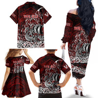 Blood Flows to Valhalla Family Matching Off The Shoulder Long Sleeve Dress and Hawaiian Shirt Viking Longship Nordic Knotwork - Dark Mythology
