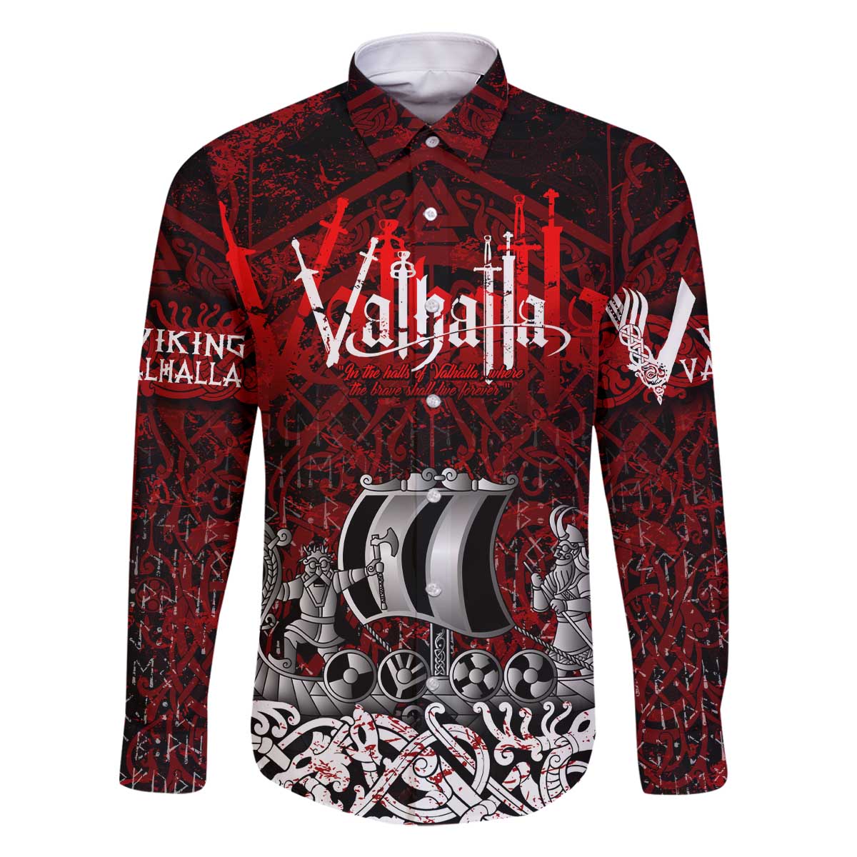 Blood Flows to Valhalla Family Matching Off The Shoulder Long Sleeve Dress and Hawaiian Shirt Viking Longship Nordic Knotwork - Dark Mythology
