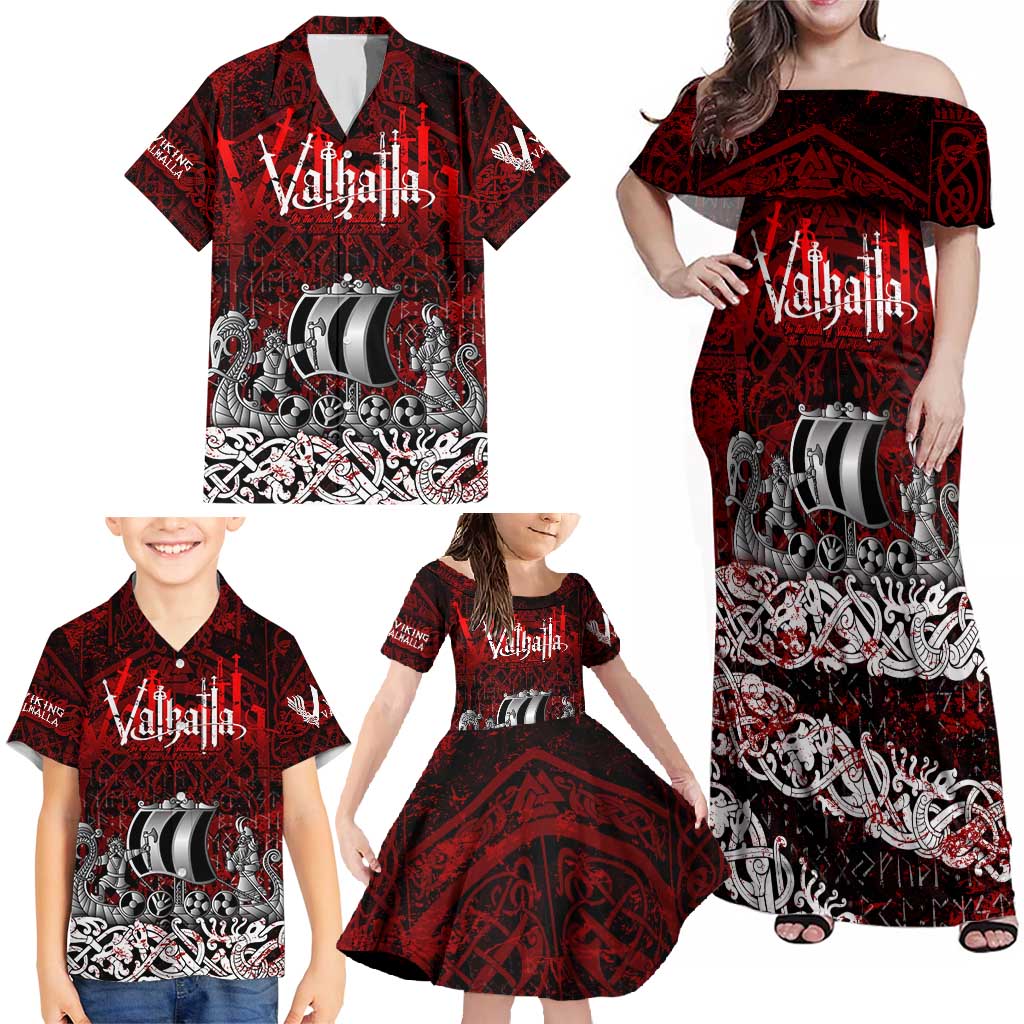 Blood Flows to Valhalla Family Matching Off Shoulder Maxi Dress and Hawaiian Shirt Viking Longship Nordic Knotwork - Dark Mythology