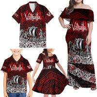 Blood Flows to Valhalla Family Matching Off Shoulder Maxi Dress and Hawaiian Shirt Viking Longship Nordic Knotwork - Dark Mythology