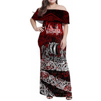 Blood Flows to Valhalla Family Matching Off Shoulder Maxi Dress and Hawaiian Shirt Viking Longship Nordic Knotwork - Dark Mythology