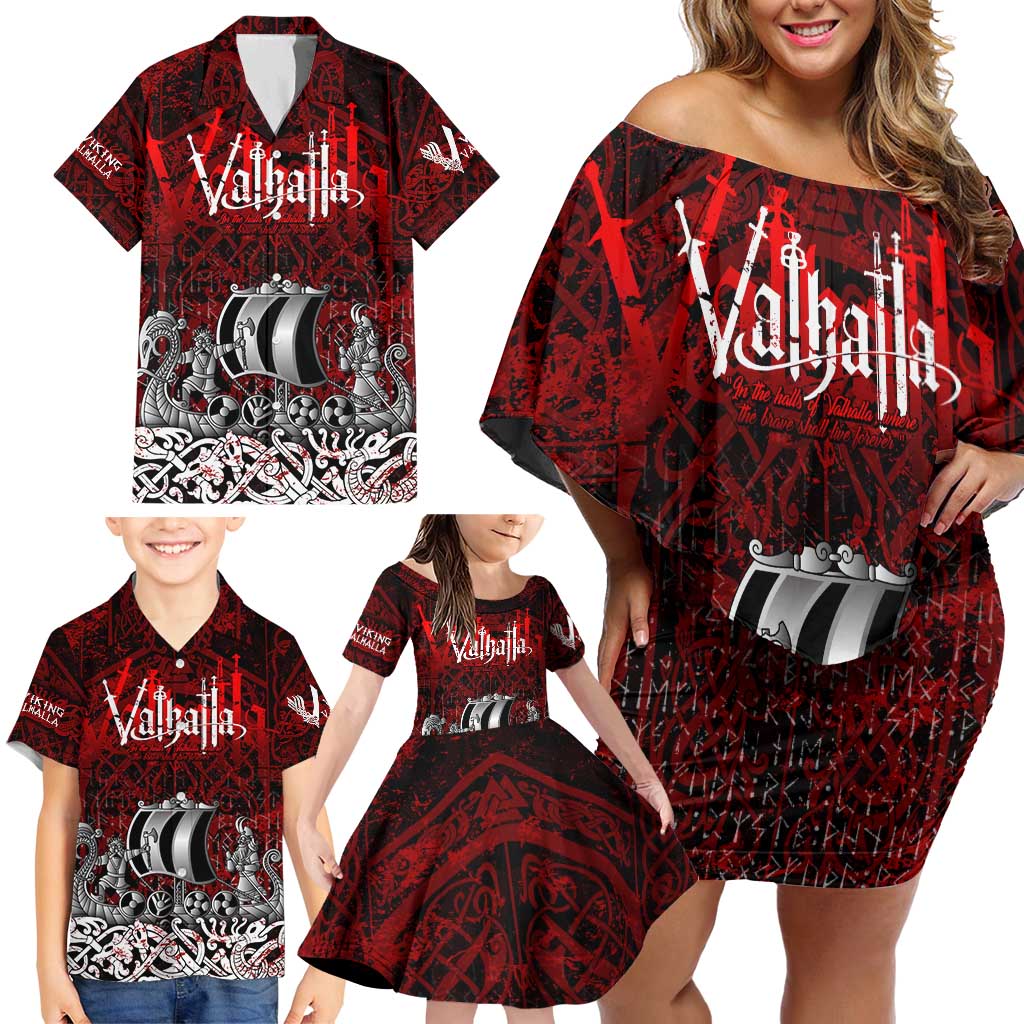 Blood Flows to Valhalla Family Matching Off Shoulder Short Dress and Hawaiian Shirt Viking Longship Nordic Knotwork - Dark Mythology