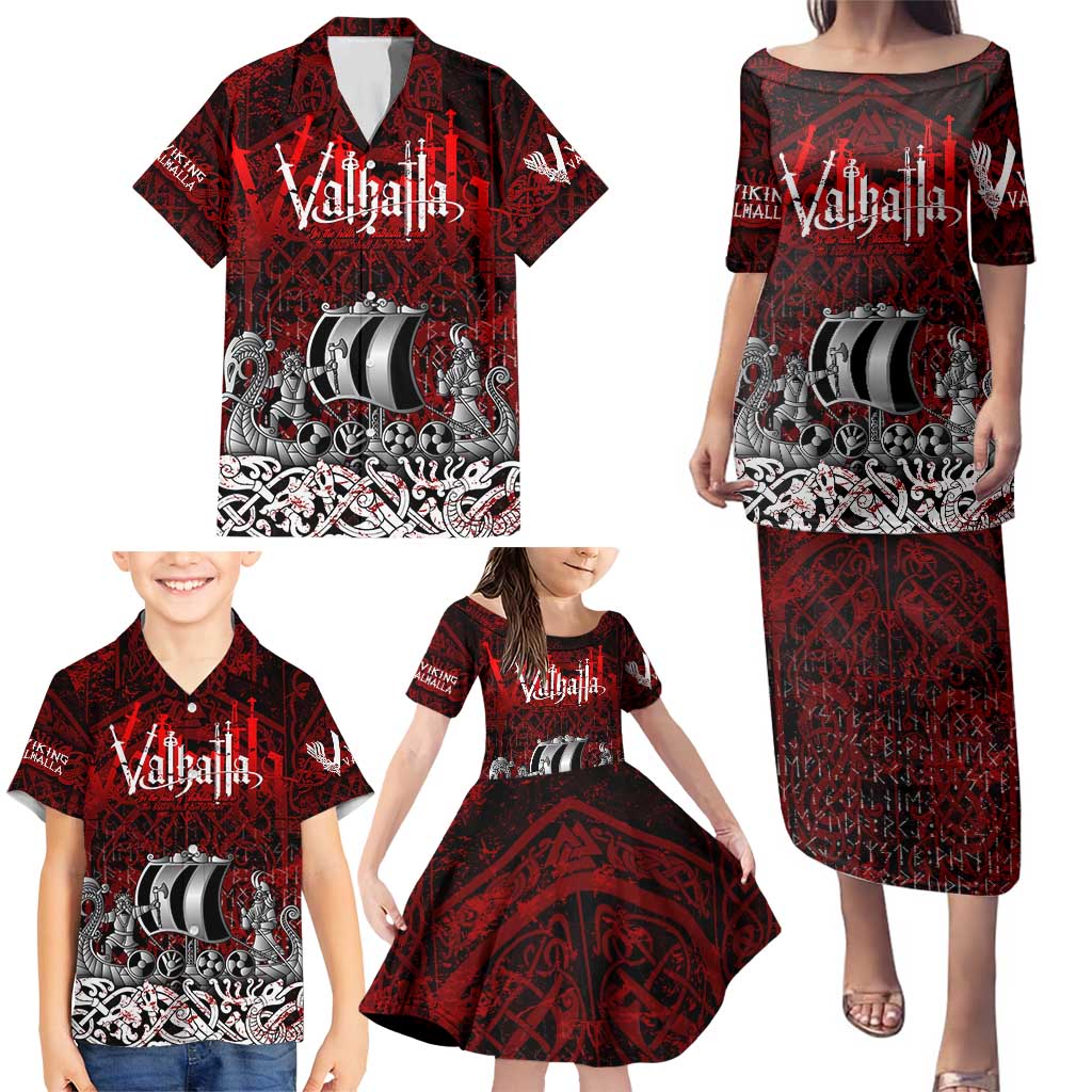 Blood Flows to Valhalla Family Matching Puletasi and Hawaiian Shirt Viking Longship Nordic Knotwork - Dark Mythology