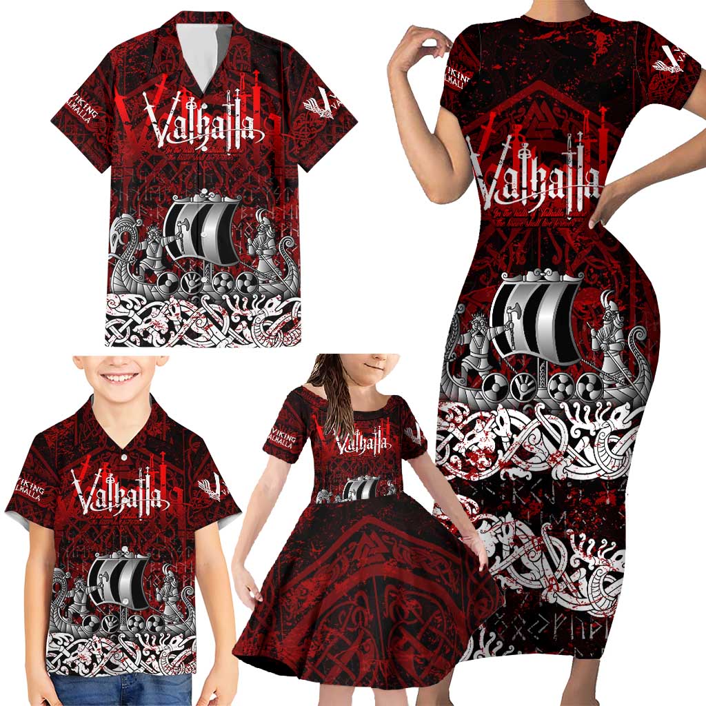 Blood Flows to Valhalla Family Matching Short Sleeve Bodycon Dress and Hawaiian Shirt Viking Longship Nordic Knotwork - Dark Mythology