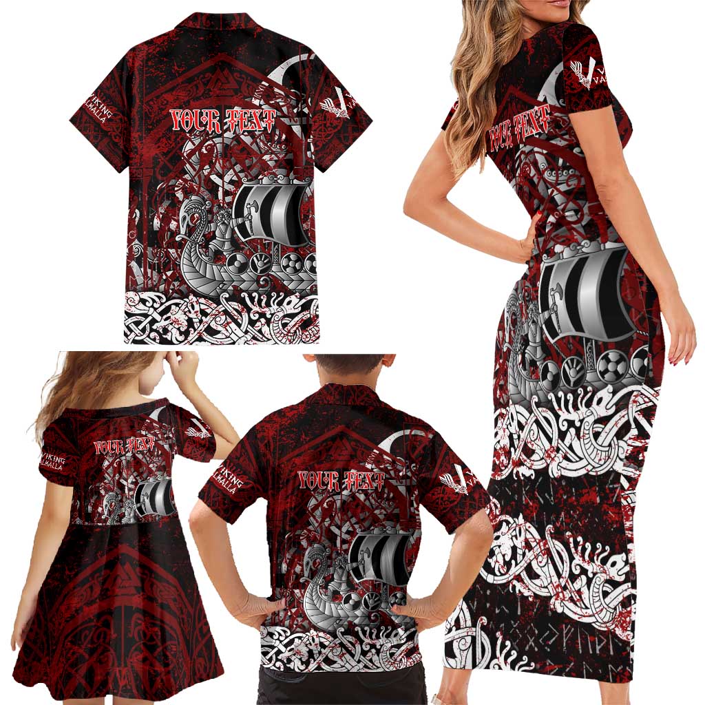 Blood Flows to Valhalla Family Matching Short Sleeve Bodycon Dress and Hawaiian Shirt Viking Longship Nordic Knotwork - Dark Mythology