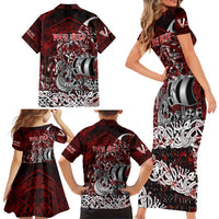 Blood Flows to Valhalla Family Matching Short Sleeve Bodycon Dress and Hawaiian Shirt Viking Longship Nordic Knotwork - Dark Mythology