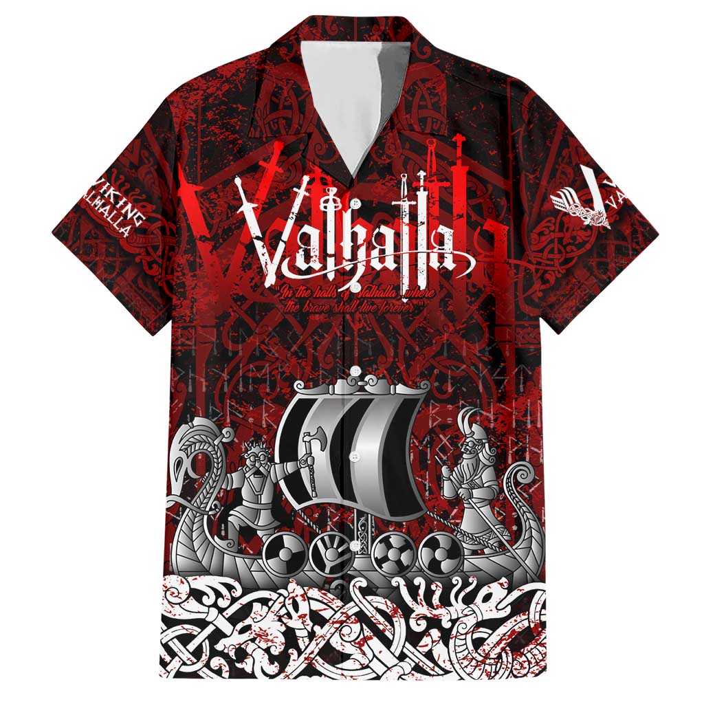 Blood Flows to Valhalla Family Matching Short Sleeve Bodycon Dress and Hawaiian Shirt Viking Longship Nordic Knotwork - Dark Mythology