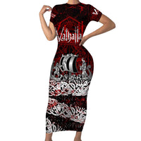 Blood Flows to Valhalla Family Matching Short Sleeve Bodycon Dress and Hawaiian Shirt Viking Longship Nordic Knotwork - Dark Mythology