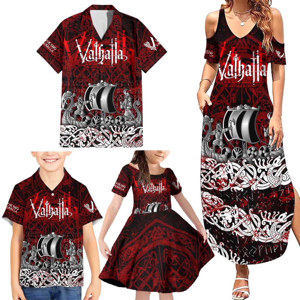 Blood Flows to Valhalla Family Matching Summer Maxi Dress and Hawaiian Shirt Viking Longship Nordic Knotwork - Dark Mythology