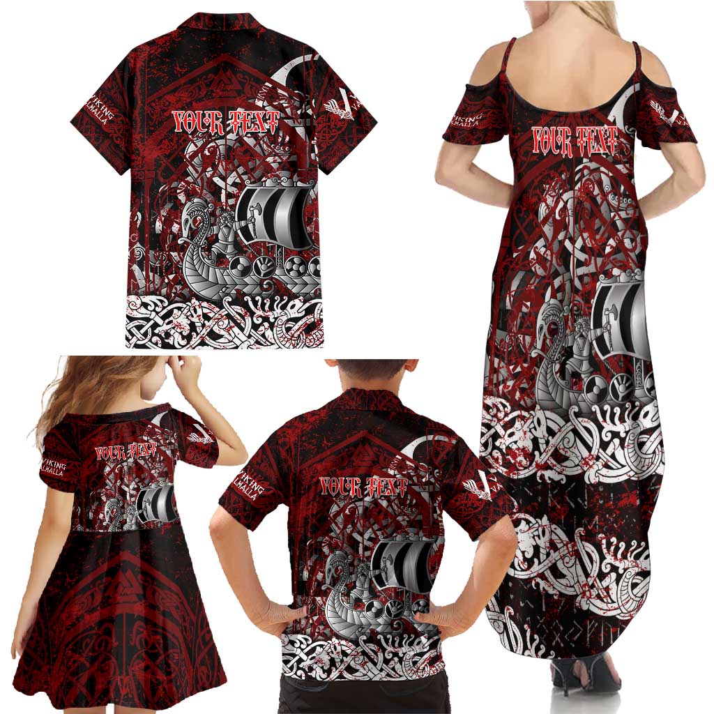 Blood Flows to Valhalla Family Matching Summer Maxi Dress and Hawaiian Shirt Viking Longship Nordic Knotwork - Dark Mythology
