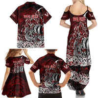 Blood Flows to Valhalla Family Matching Summer Maxi Dress and Hawaiian Shirt Viking Longship Nordic Knotwork - Dark Mythology