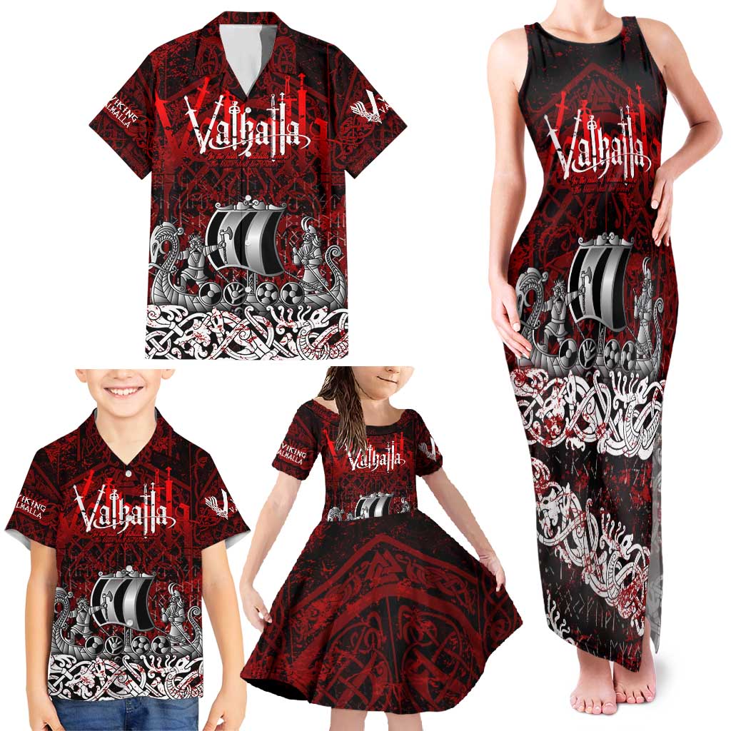 Blood Flows to Valhalla Family Matching Tank Maxi Dress and Hawaiian Shirt Viking Longship Nordic Knotwork - Dark Mythology