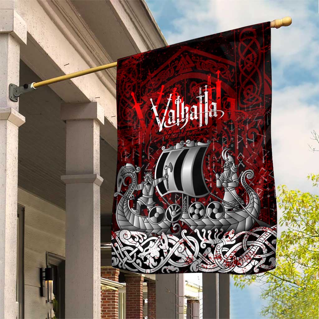 Blood Flows to Valhalla Garden Flag Viking Longship Nordic Knotwork - Dark Mythology