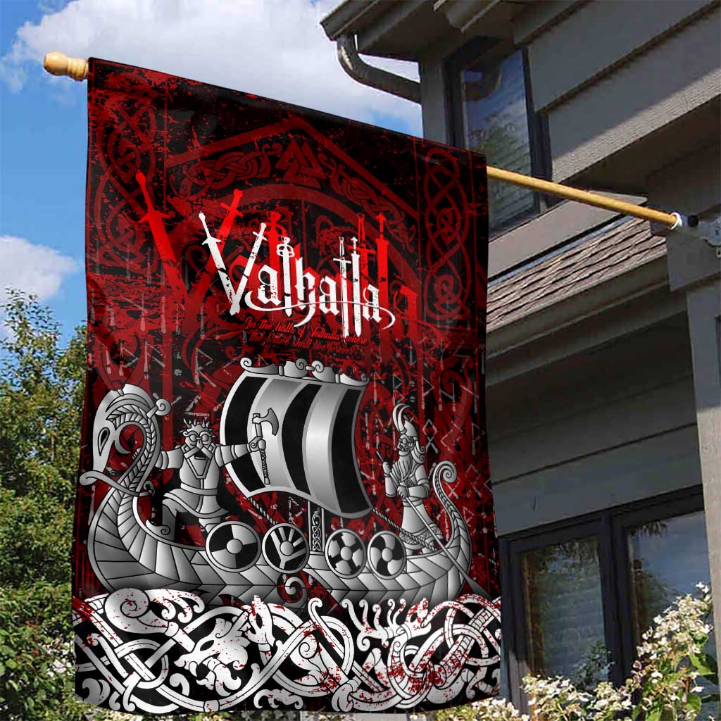 Blood Flows to Valhalla Garden Flag Viking Longship Nordic Knotwork - Dark Mythology