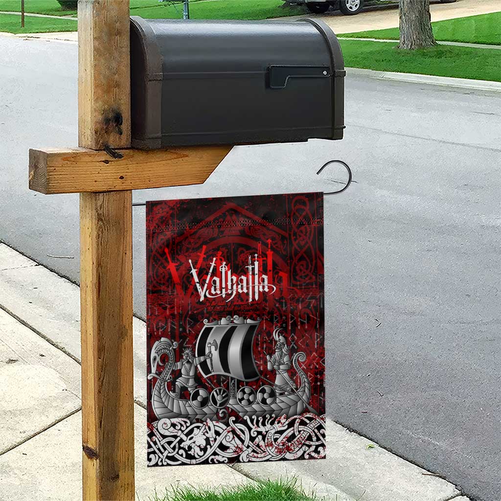 Blood Flows to Valhalla Garden Flag Viking Longship Nordic Knotwork - Dark Mythology