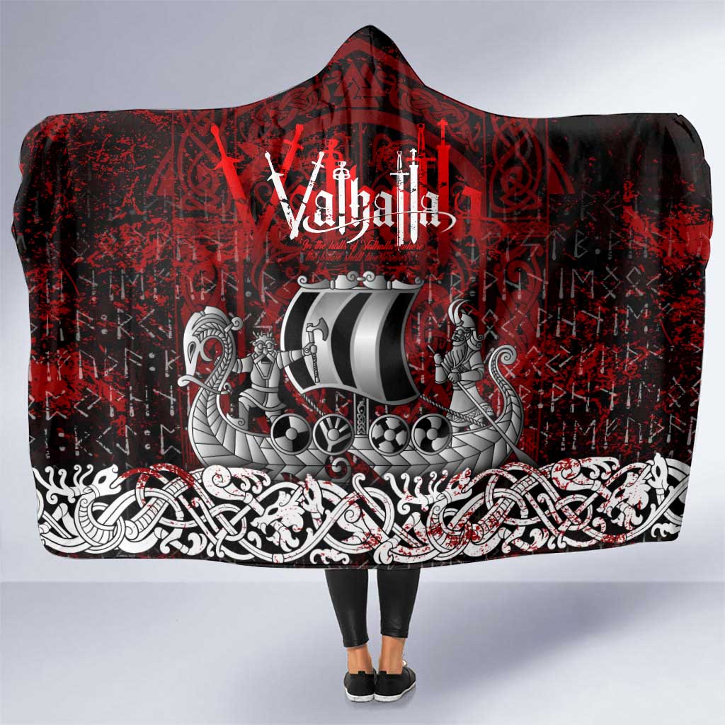 Blood Flows to Valhalla Hooded Blanket Viking Longship Nordic Knotwork - Dark Mythology