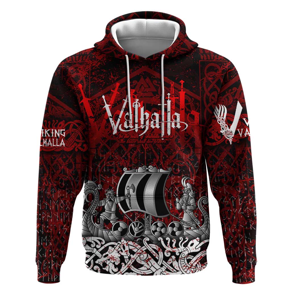 Blood Flows to Valhalla Hoodie Viking Longship Nordic Knotwork - Dark Mythology