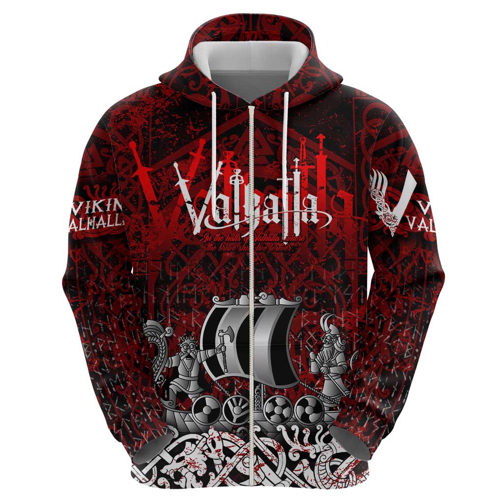 Blood Flows to Valhalla Hoodie Viking Longship Nordic Knotwork - Dark Mythology