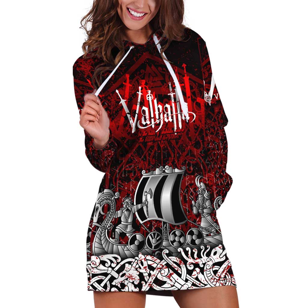 Blood Flows to Valhalla Hoodie Dress Viking Longship Nordic Knotwork - Dark Mythology