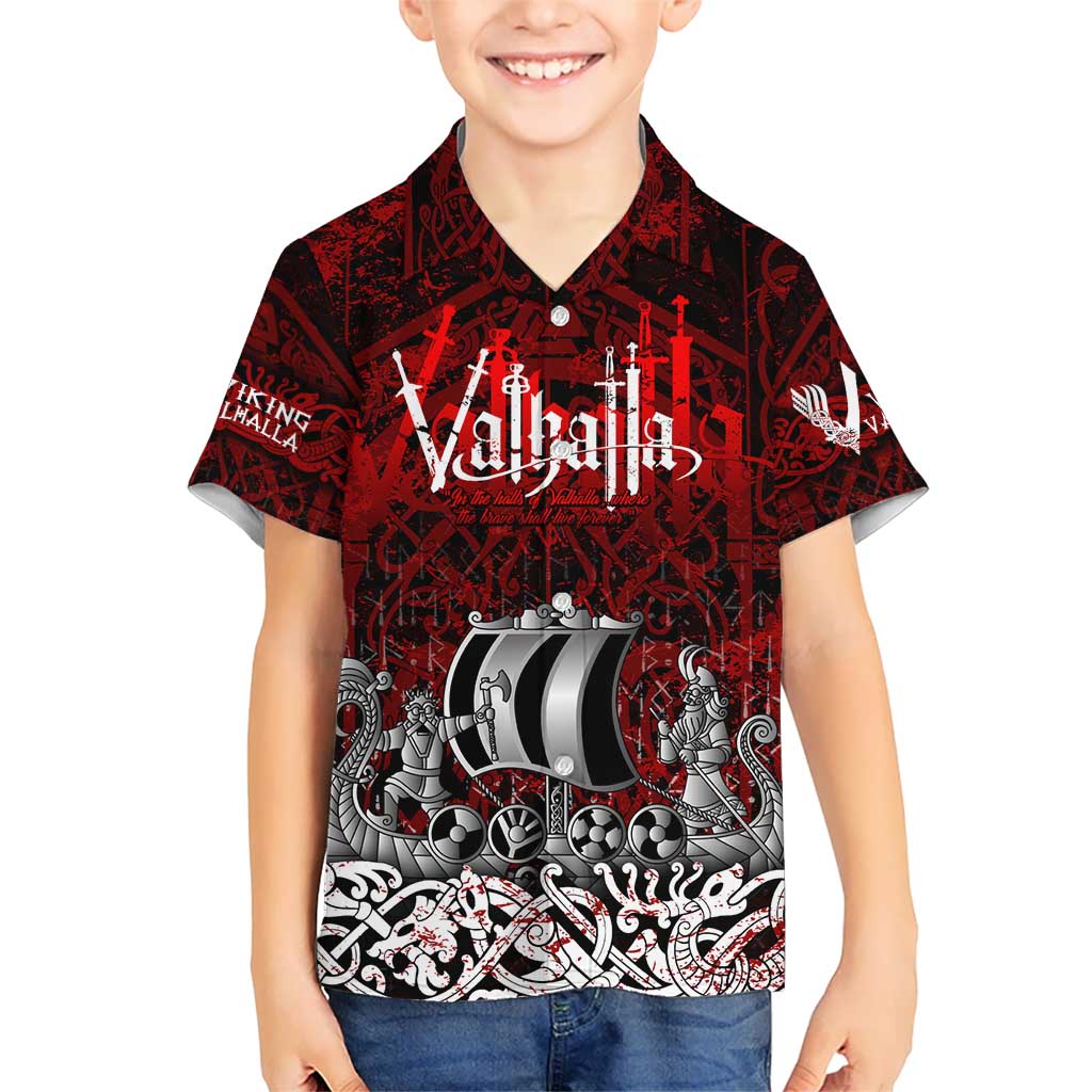Blood Flows to Valhalla Kid Hawaiian Shirt Viking Longship Nordic Knotwork - Dark Mythology