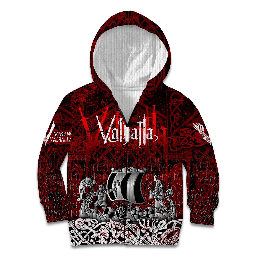 Blood Flows to Valhalla Kid Hoodie Viking Longship Nordic Knotwork - Dark Mythology