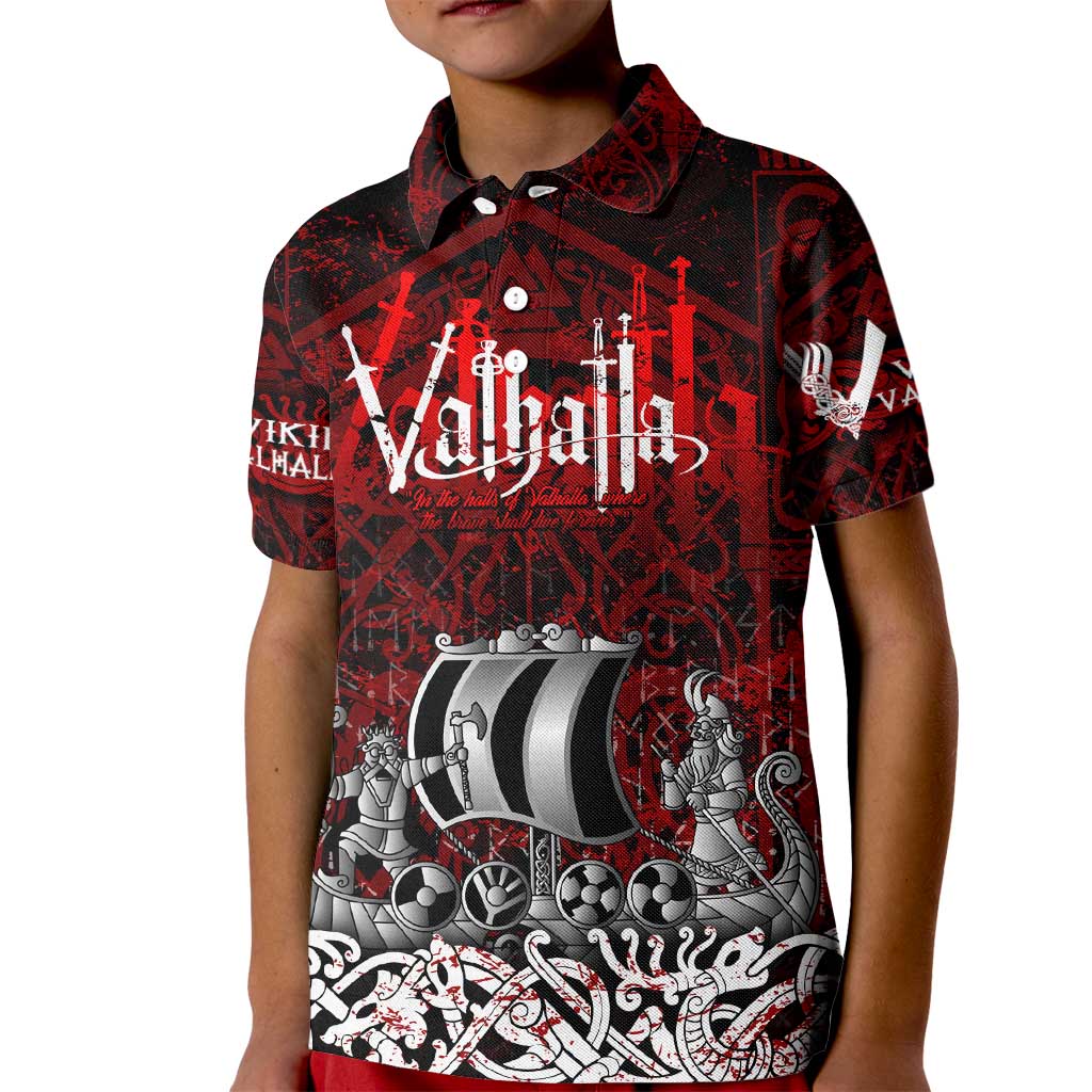 Blood Flows to Valhalla Kid Polo Shirt Viking Longship Nordic Knotwork - Dark Mythology