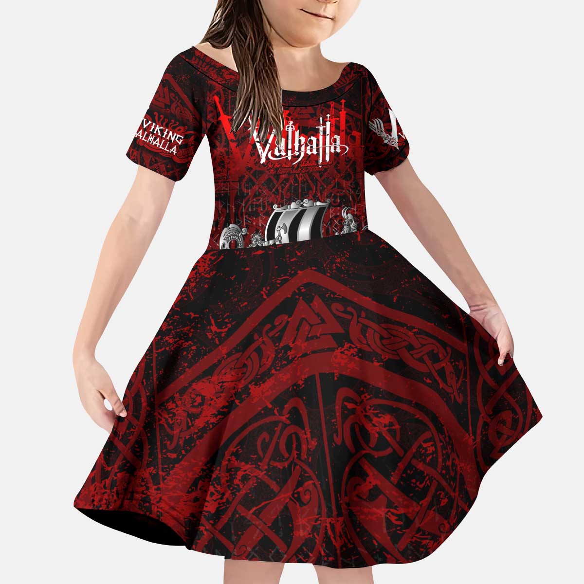 Blood Flows to Valhalla Kid Short Sleeve Dress Viking Longship Nordic Knotwork - Dark Mythology