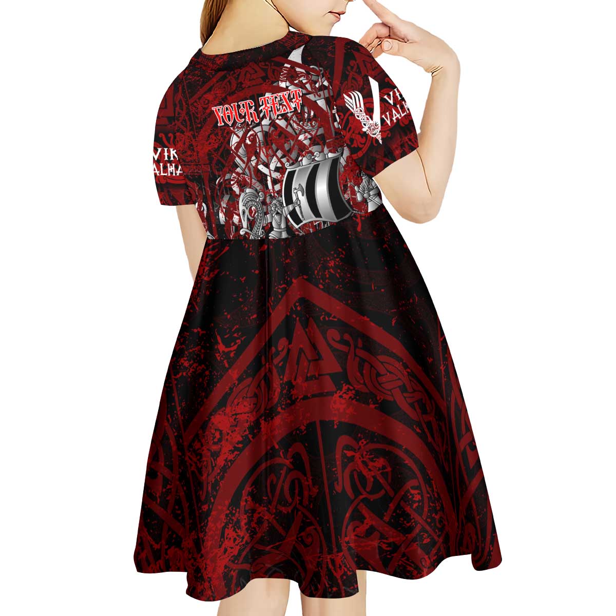 Blood Flows to Valhalla Kid Short Sleeve Dress Viking Longship Nordic Knotwork - Dark Mythology