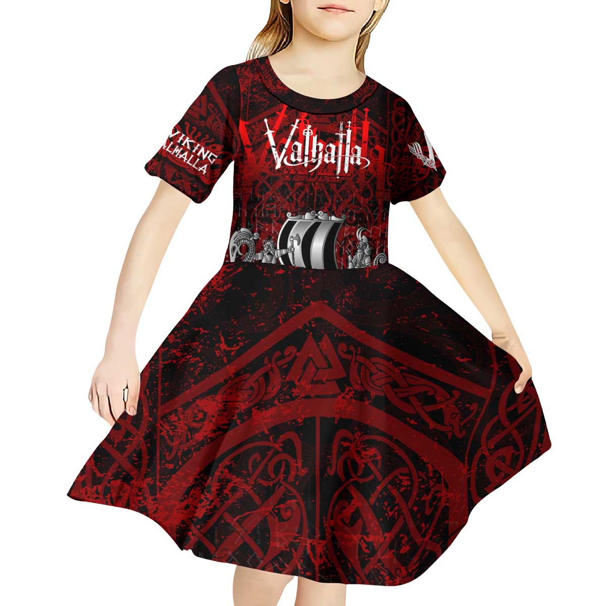Blood Flows to Valhalla Kid Short Sleeve Dress Viking Longship Nordic Knotwork - Dark Mythology