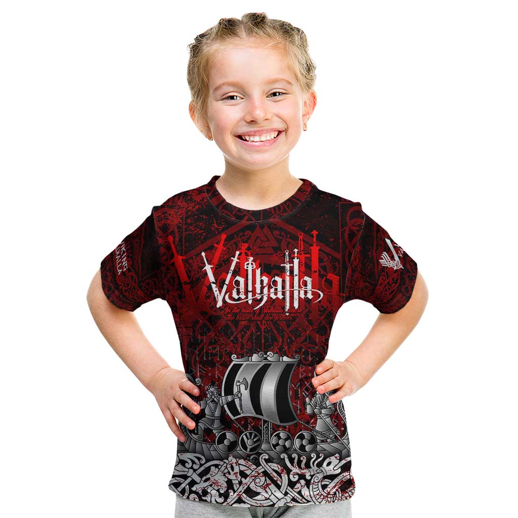 Blood Flows to Valhalla Kid T Shirt Viking Longship Nordic Knotwork - Dark Mythology
