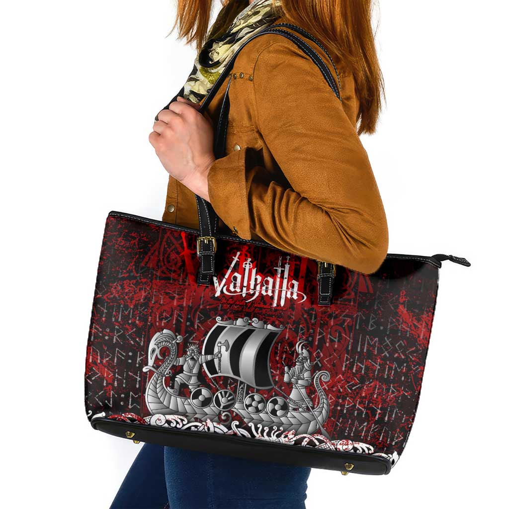 Blood Flows to Valhalla Leather Tote Bag Viking Longship Nordic Knotwork - Dark Mythology