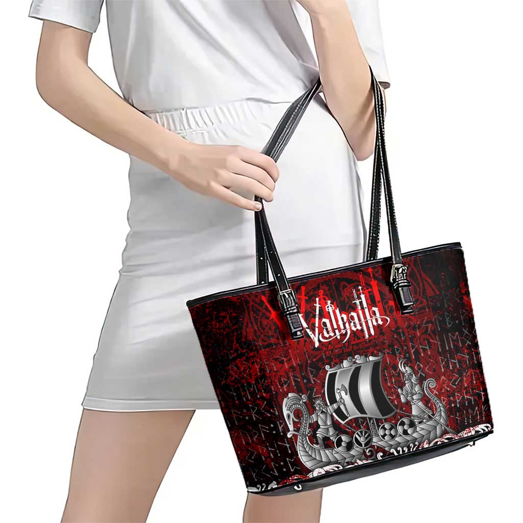 Blood Flows to Valhalla Leather Tote Bag Viking Longship Nordic Knotwork - Dark Mythology