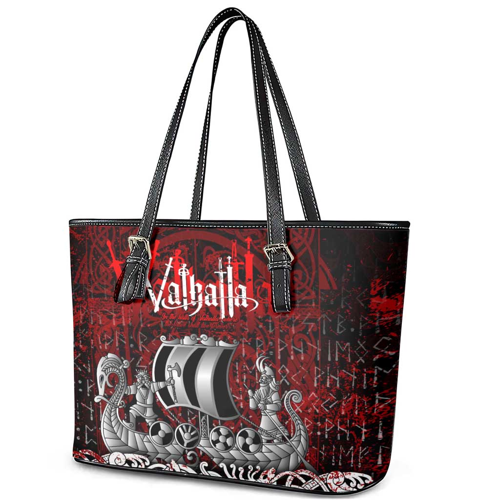 Blood Flows to Valhalla Leather Tote Bag Viking Longship Nordic Knotwork - Dark Mythology