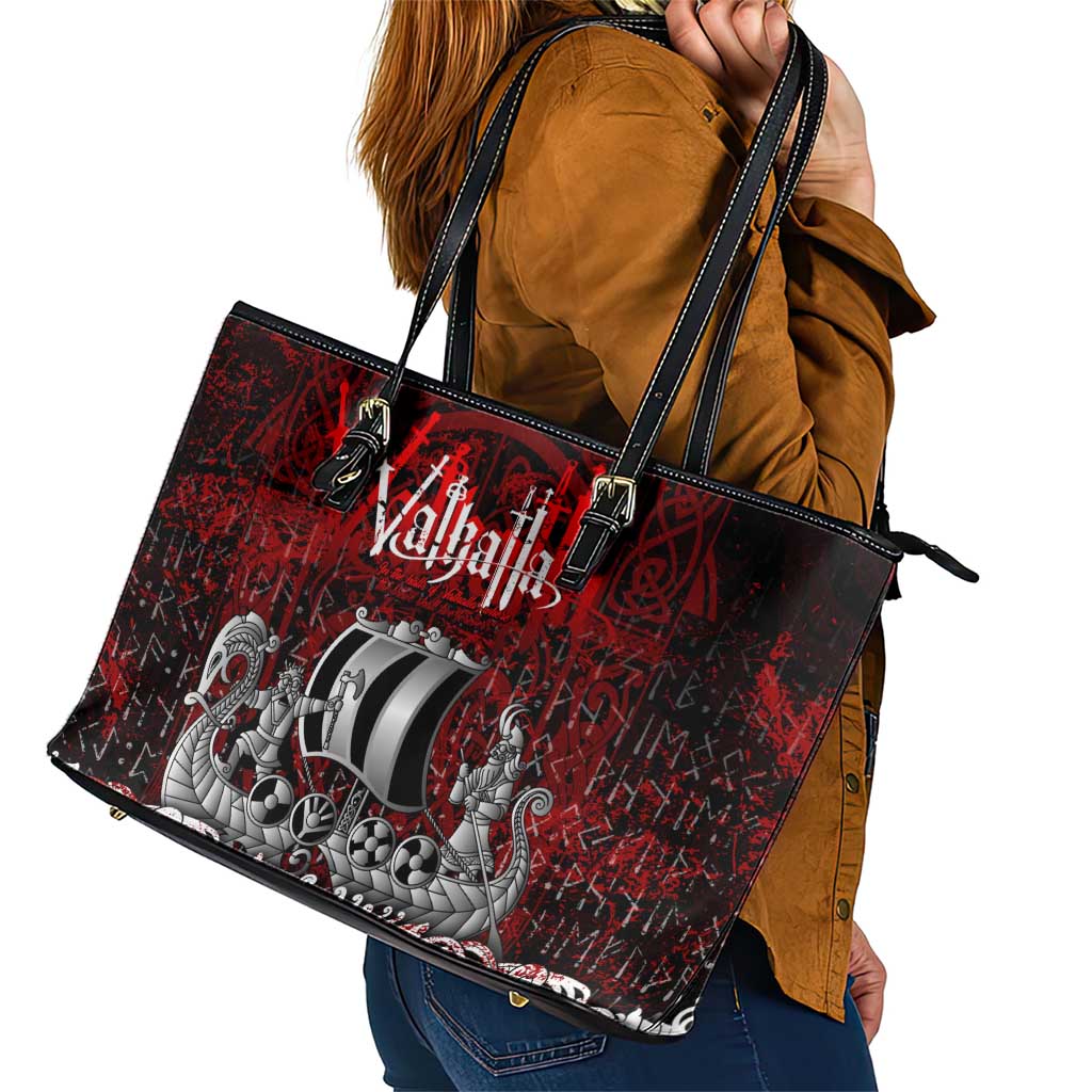 Blood Flows to Valhalla Leather Tote Bag Viking Longship Nordic Knotwork - Dark Mythology