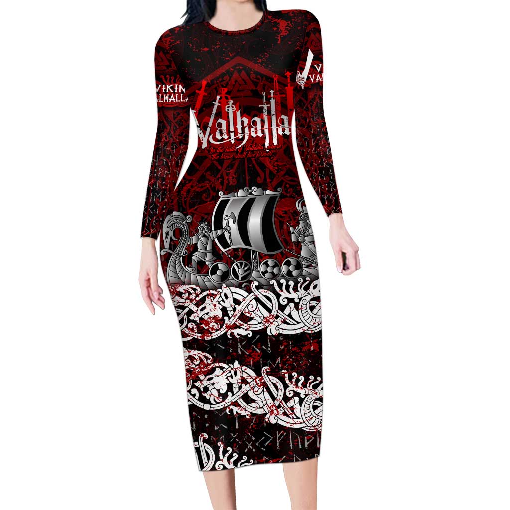 Blood Flows to Valhalla Long Sleeve Bodycon Dress Viking Longship Nordic Knotwork - Dark Mythology