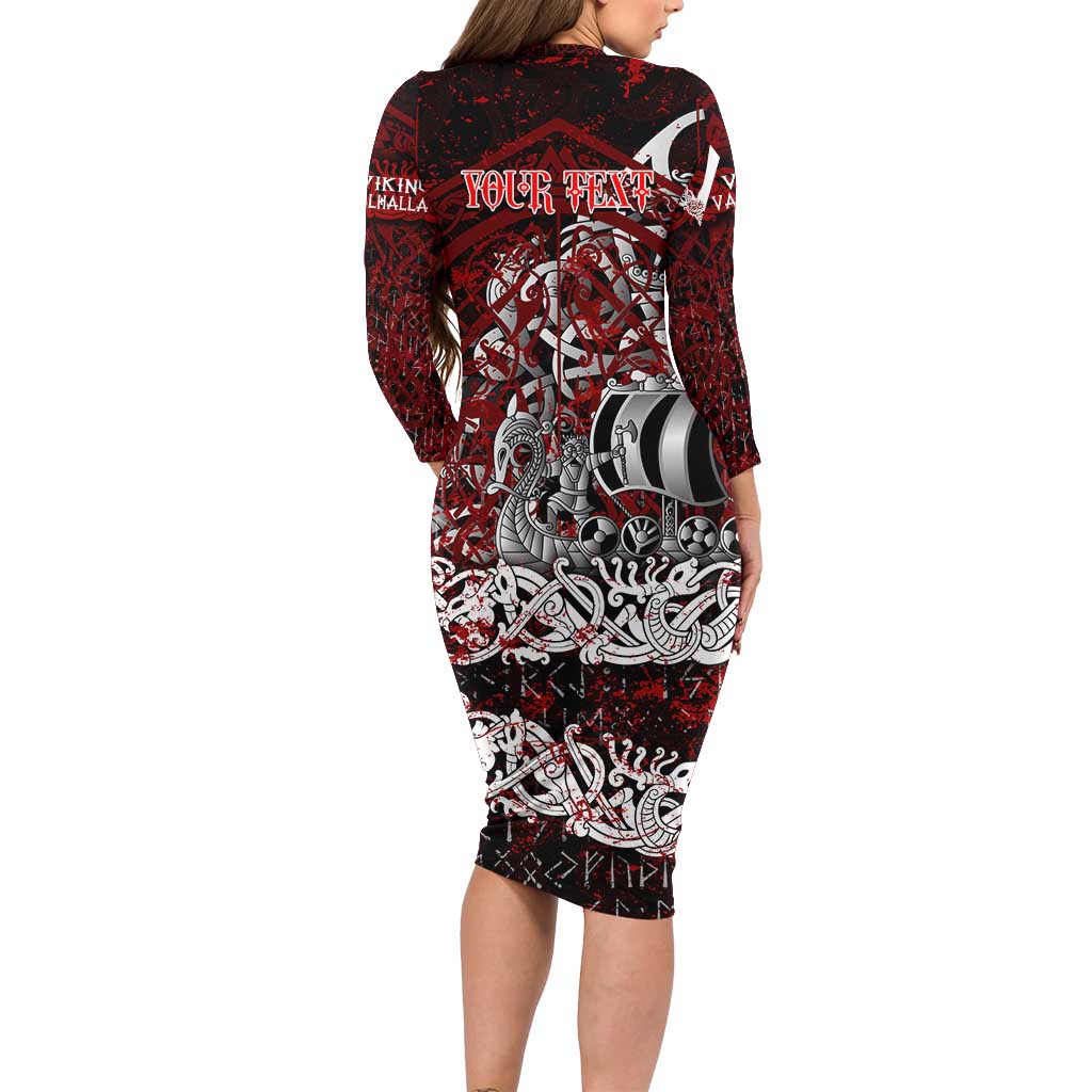 Blood Flows to Valhalla Long Sleeve Bodycon Dress Viking Longship Nordic Knotwork - Dark Mythology