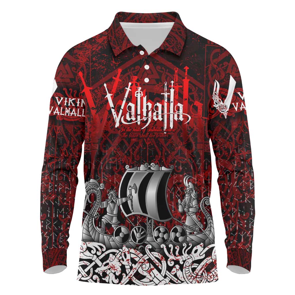 Blood Flows to Valhalla Long Sleeve Polo Shirt Viking Longship Nordic Knotwork - Dark Mythology