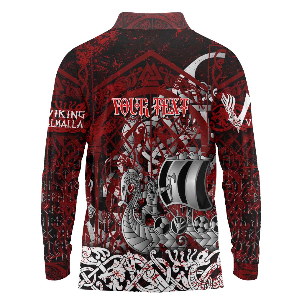 Blood Flows to Valhalla Long Sleeve Polo Shirt Viking Longship Nordic Knotwork - Dark Mythology