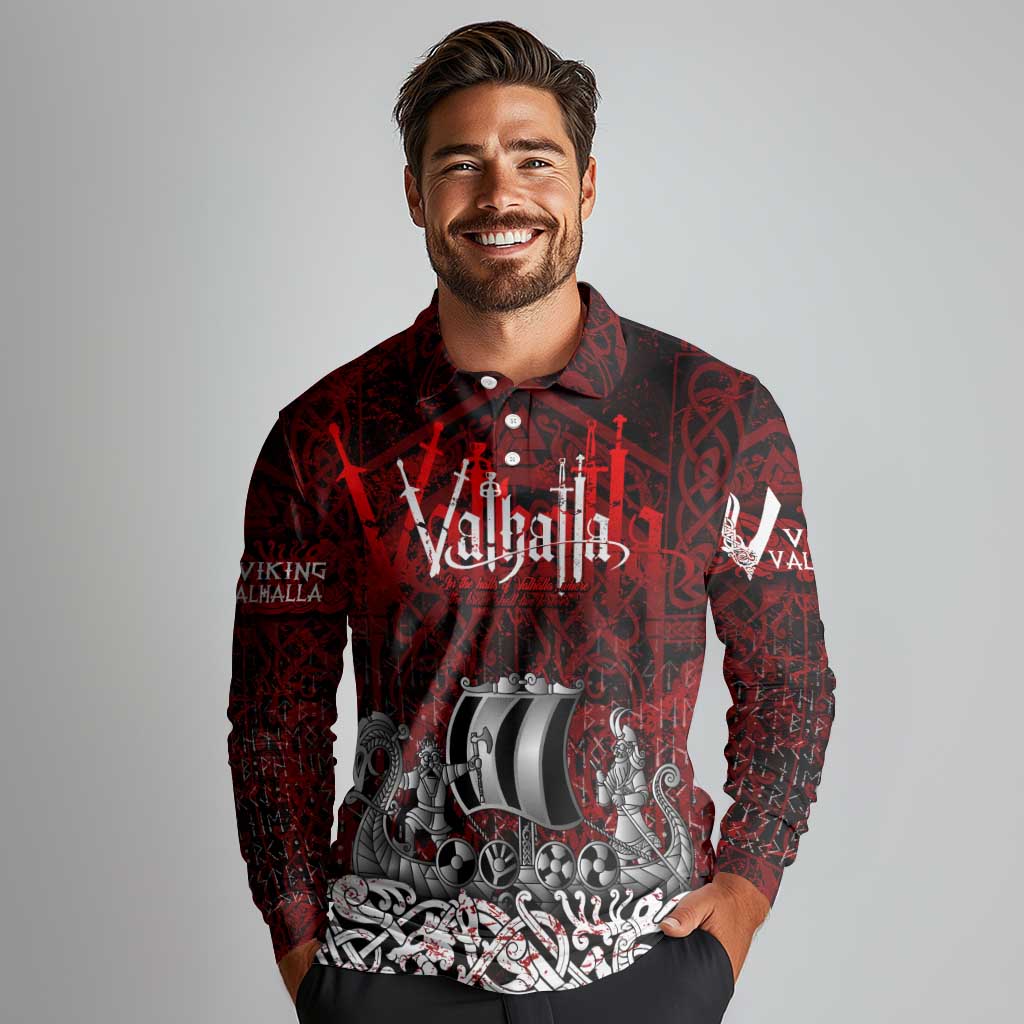 Blood Flows to Valhalla Long Sleeve Polo Shirt Viking Longship Nordic Knotwork - Dark Mythology